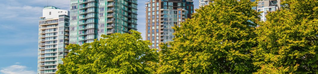 Tall office buildings surrounded by trees.