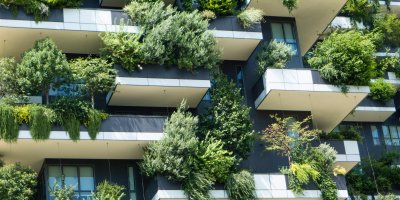 Trees and plants growing on balconies of a building as a green facade or vertical garden.