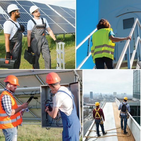 Field workers on a roof and performing maintenance on solar panels and a wind turbine.