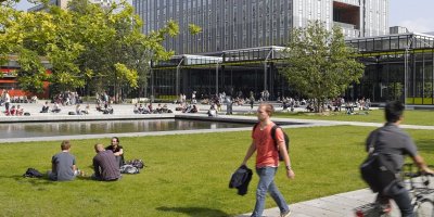 Lawn in front of a university with people relaxing in the sun.