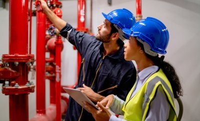 Two maintenance engineers looking at red pipes and valves.