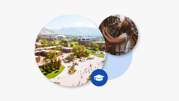 Photo of a campus and student in library