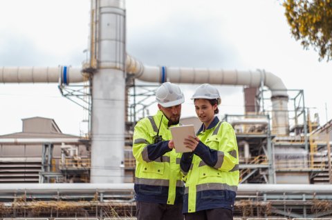 Two maintenance engineers on oil platform.