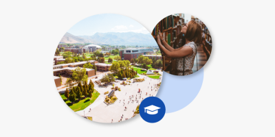Photo of a campus and student in library