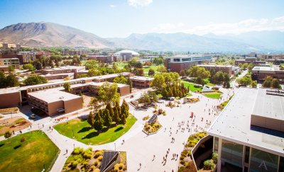 Birds eye view of a green high school campus.