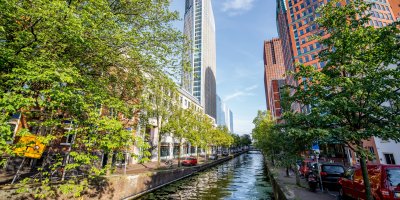Tall buildings next to Dutch canals with trees