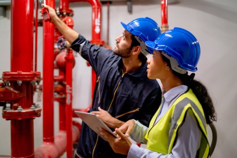Two maintenance engineers looking at red pipes and valves.