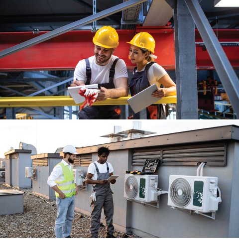 Maintenance workers using tablets to log their work onsite.
