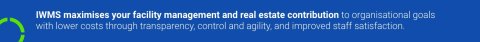 Image with text: "IWMS maximizes your facility management and real estate contribution to organisational goals with lower costs through transparency, control and agility, and improved staff satisfaction."