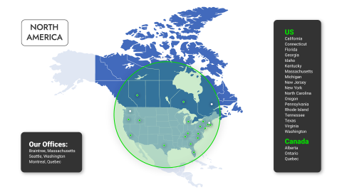 Illustration showing the Planon offices in North America and Canada with small green dots.