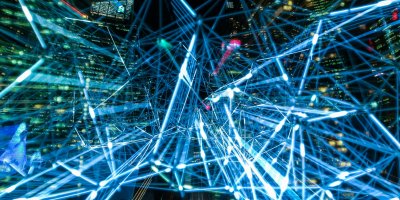 Futuristic photo with bright blue lights.