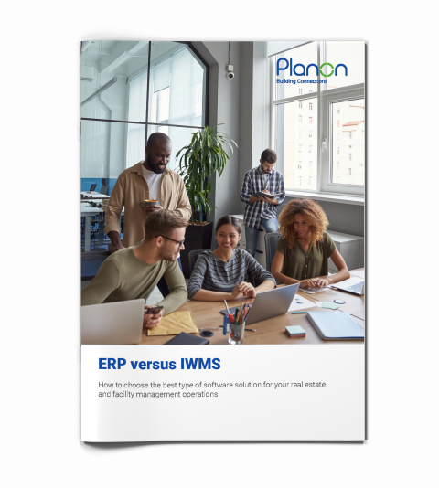 Mockup of the title of Planon's e-book ' ERP versus IWMS'