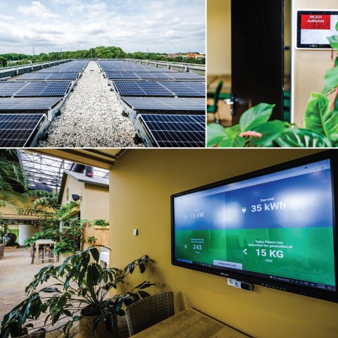 Meeting room availability, solar panels on a roof and energy reduction results shared on a monitor.