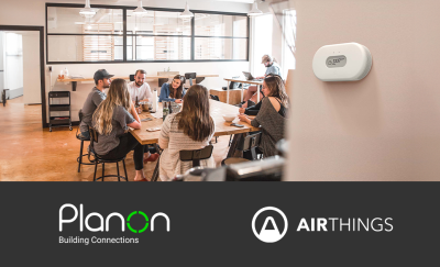 Planon & Airthings logos, indoor air quality sensor and people discussing at a table.