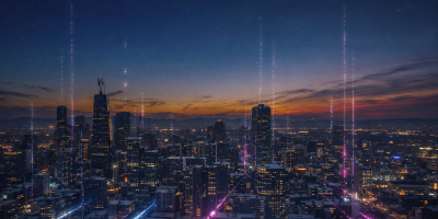 Smart buildings with blue and green lights