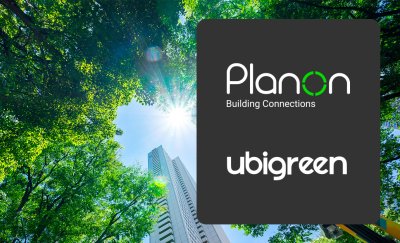 Green buildings and logos of Planon and Ubigreen