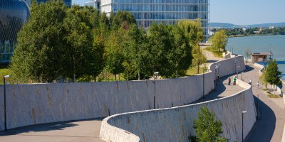 Heightened walkway with trees alongside it towards a building