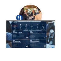 software displaying customer portal dashboard with options for assets, spaces, contracts, and service requests