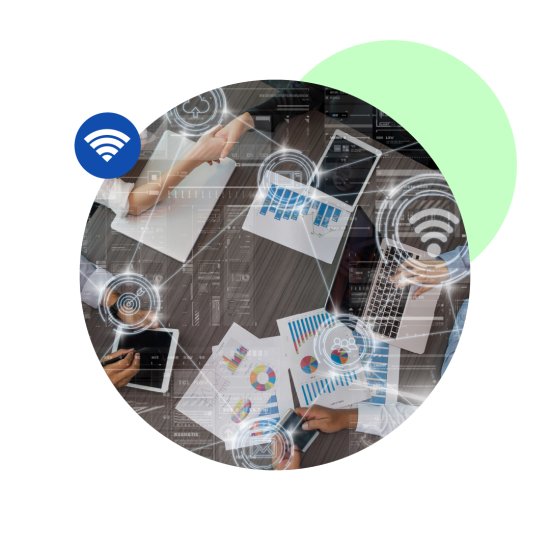 Round elements and the WiFi icon around devices connected through sensors.